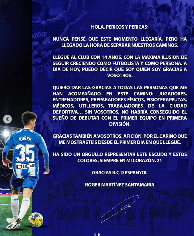 Carta de despedida de Roger Martínez en el Rcd Espanyol
